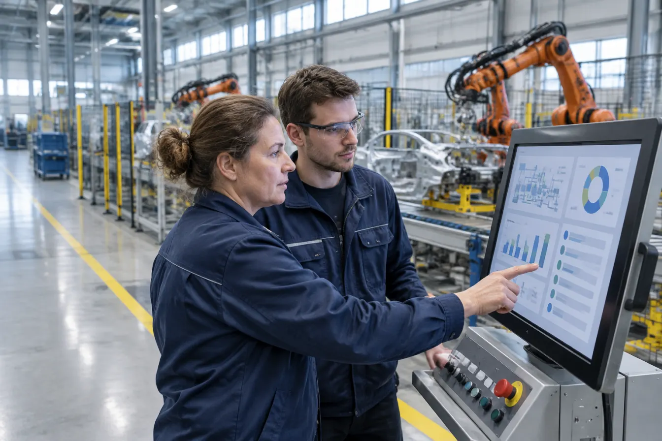 Inżynierka produkcji i młody technik utrzymania ruchu analizują dane na ekranie panelu sterowania obok linii montażowej z robotami przemysłowymi