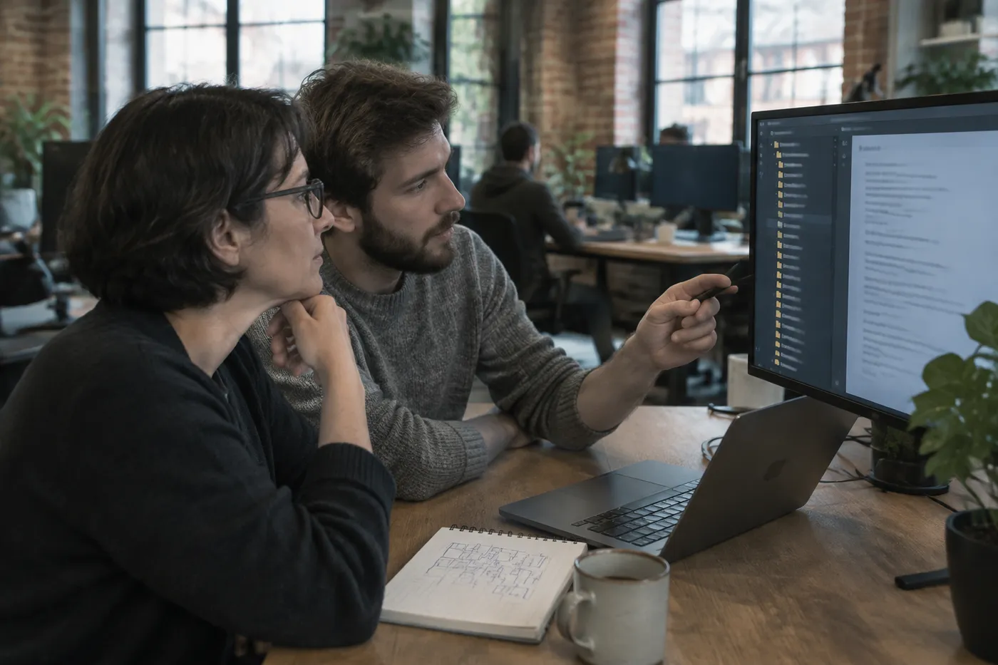 Dwoje programistów, kobieta w okularach i brodaty mężczyzna w szarym swetrze, analizuje na monitorze drzewo folderów i dokument tekstowy w biurze z ceglanymi ścianami, obok laptop, notes z rysunkiem struktury katalogów i kubek kawy