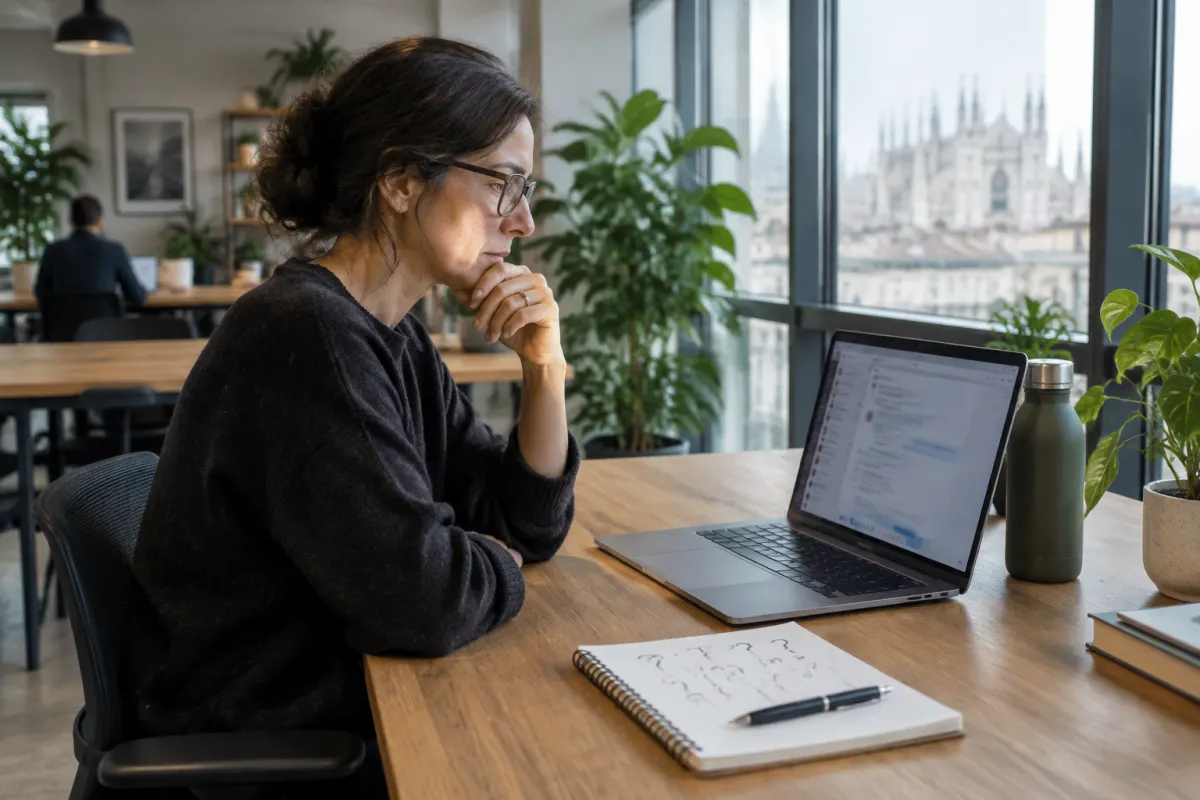 Kobieta w okularach siedzi zamyślona przy laptopie z otwartym czatem w biurze z widokiem na katedrę w Mediolanie, obok leży notes z narysowanymi znakami zapytania