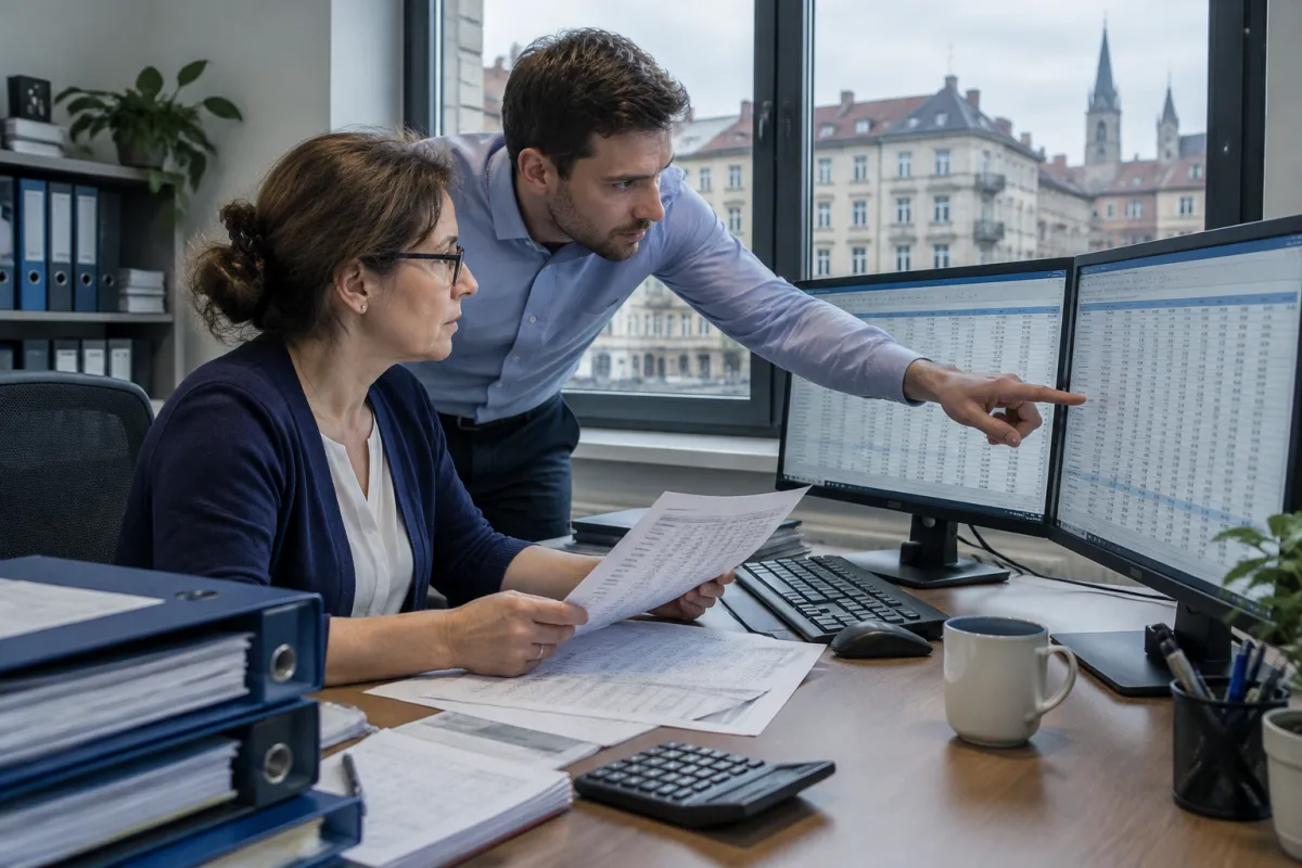 Księgowa w okularach porównuje wydruk zestawienia z arkuszem na monitorze, a kolega wskazuje liczbę na ekranie, za oknem kamienice i wieża kościoła