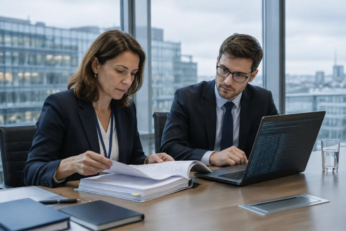 Urzędniczka i młodszy analityk prawny w biurze ze szklanymi ścianami w Brukseli przeglądają gruby wydrukowany raport i laptop z logami serwera