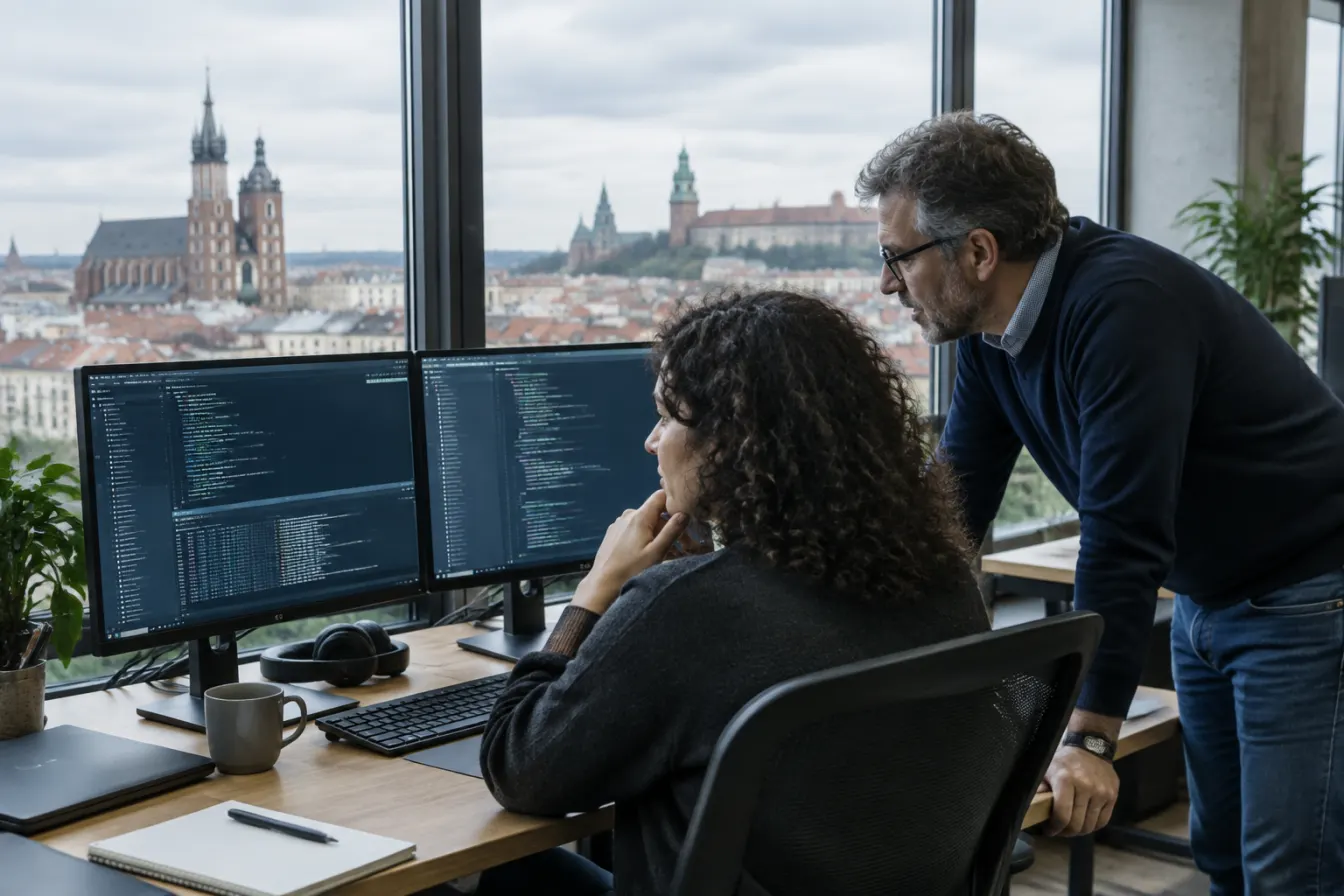 Programistka z ciemnymi kręconymi włosami analizuje kod na dwóch monitorach, a starszy kolega w okularach pochyla się nad biurkiem, za oknem widać dachy i wieże Krakowa