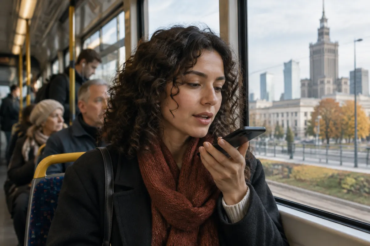 Kobieta z kręconymi włosami i bordowym szalikiem mówi do telefonu w warszawskim tramwaju, za oknem widać Pałac Kultury i jesienne drzewa