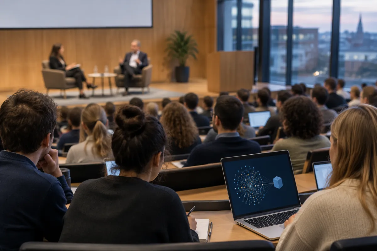 Studenci w nowoczesnej auli europejskiej uczelni słuchają rozmowy dwóch osób na scenie, na ekranie laptopa w pierwszym rzędzie widać schemat sieci z odizolowanym węzłem, za przeszkloną ścianą panorama miasta o zmierzchu