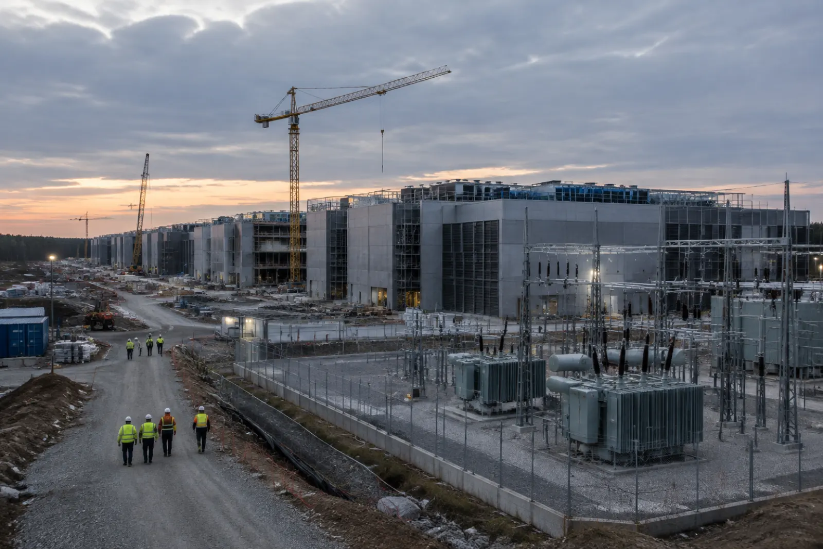 Budowa dużego centrum danych o zmierzchu, szare hale serwerowni, żurawie wieżowe i stacja transformatorowa, a żwirową drogą idą robotnicy w kaskach i kamizelkach odblaskowych