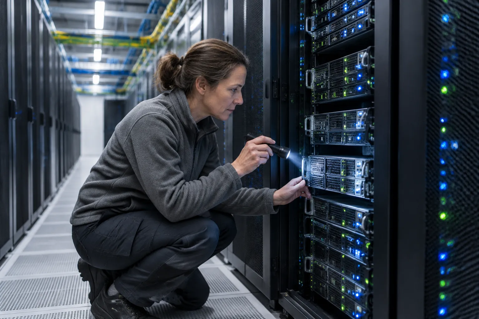 Technik centrum danych z latarką sprawdza serwer w szafie rack w długim korytarzu serwerowni