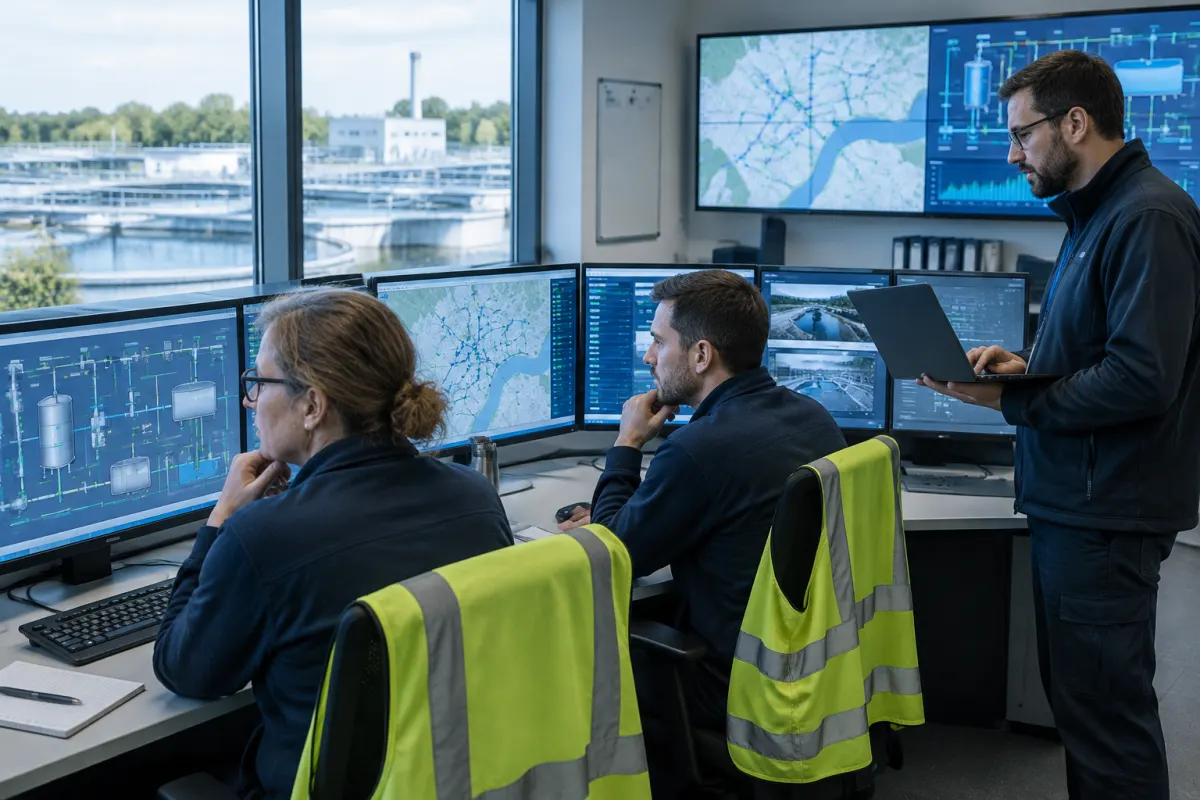 Operatorzy w sterowni oczyszczalni ścieków obserwują schematy instalacji i mapę sieci na monitorach, obok stoi inżynier bezpieczeństwa z laptopem