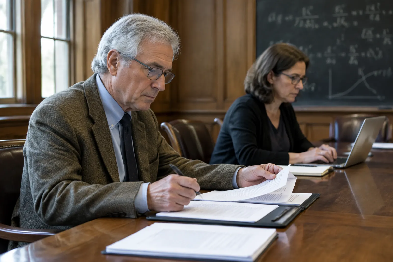 Siwy profesor w tweedowej marynarce czyta i podpisuje dokumenty przy drewnianym stole w sali posiedzeń, obok kobieta pisze na laptopie, w tle tablica z wzorami