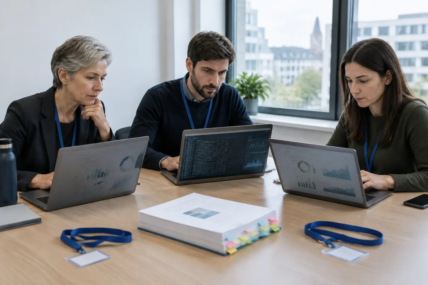 Troje zewnętrznych audytorów w różnym wieku pracuje przy wspólnym stole w jasnym biurze z widokiem na europejskie miasto, przed nimi laptopy z wykresami i logami oraz gruby wydruk raportu z kolorowymi zakładkami