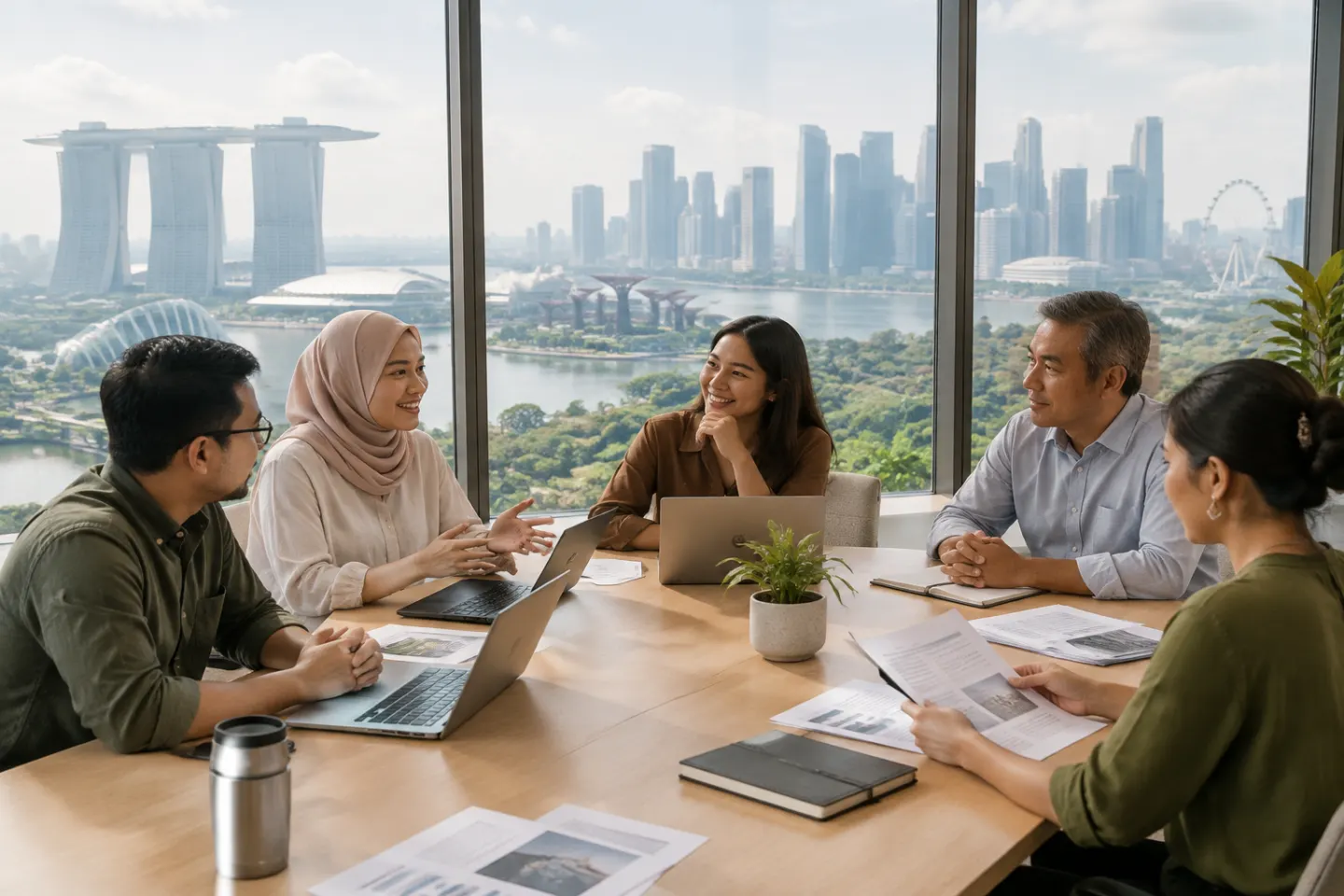 Zespół pięciu osób w różnym wieku rozmawia przy drewnianym stole z laptopami i dokumentami w biurze na wysokim piętrze, za oknami panorama Singapuru nad zatoką Marina Bay
