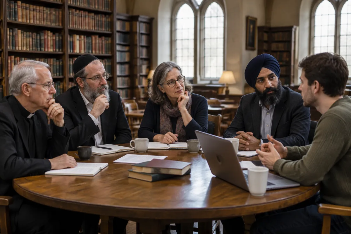 Ksiądz, rabin, filozofka, sikh w turbanie i młody mężczyzna z laptopem rozmawiają przy okrągłym stole w starej bibliotece uniwersyteckiej z łukowymi oknami