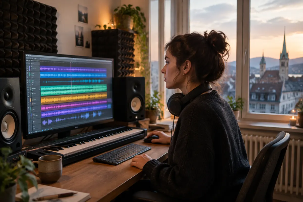 Młoda producentka muzyczna ze słuchawkami na szyi edytuje kolorowe ścieżki audio na monitorze w domowym studiu z klawiaturą MIDI, za oknem dachy i wieże europejskiego miasta o zmierzchu