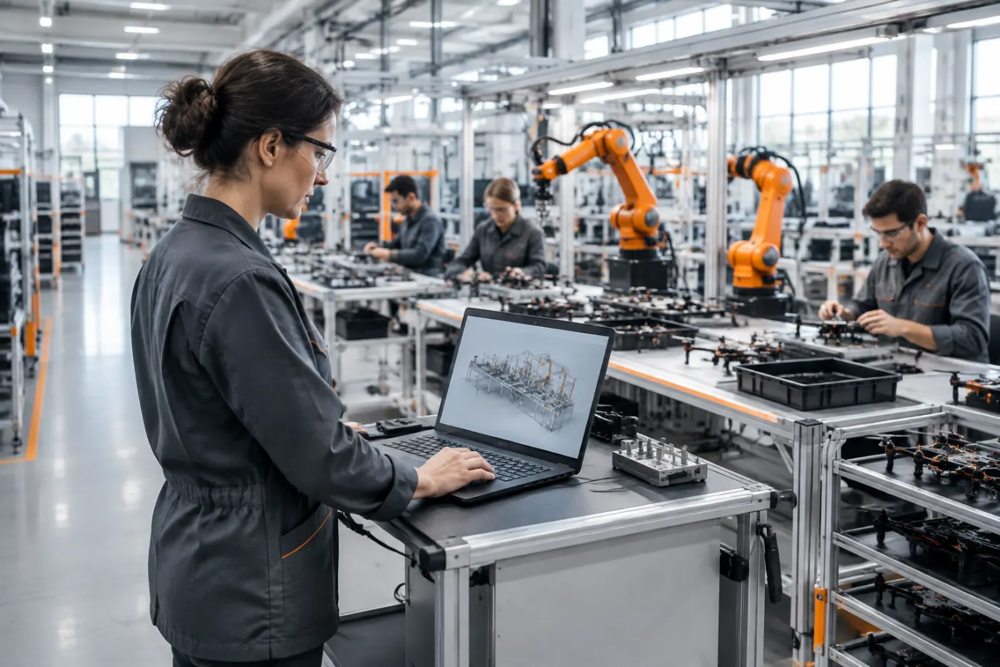 Inżynierka w okularach ochronnych stoi przy laptopie z trójwymiarowym schematem linii montażowej w jasnej hali, w tle pracownicy i pomarańczowe ramiona robotów składają drony