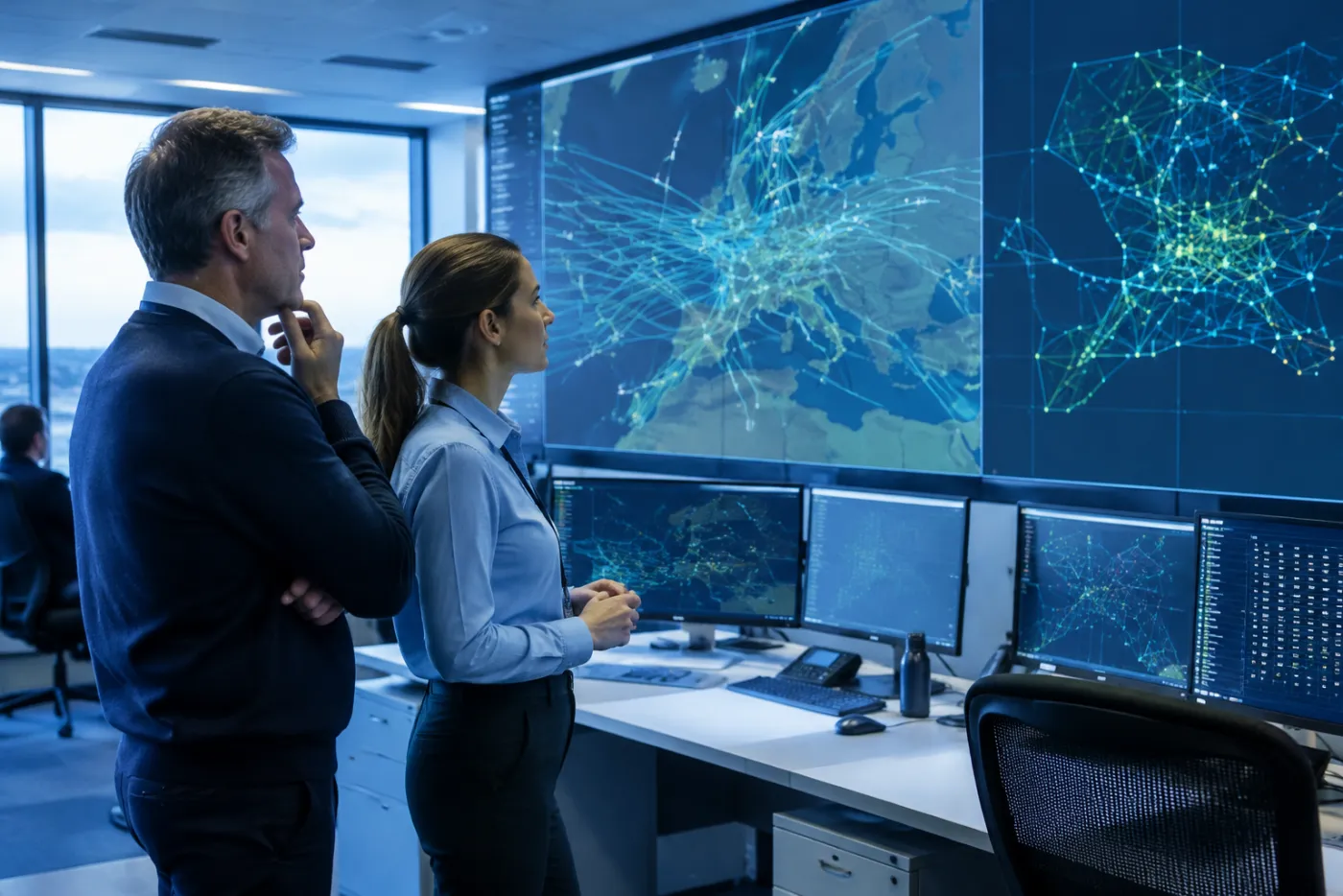 Mężczyzna i kobieta w centrum operacyjnym analizują na dużych ekranach mapę tras lotniczych nad Europą i schemat sieci połączeń, przed nimi biurka z wieloma monitorami