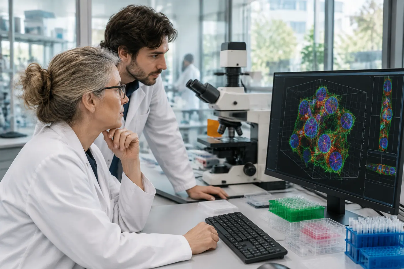Doświadczona badaczka i młodszy naukowiec w fartuchach analizują w jasnym laboratorium trójwymiarowy obraz komórek na monitorze obok mikroskopu fluorescencyjnego
