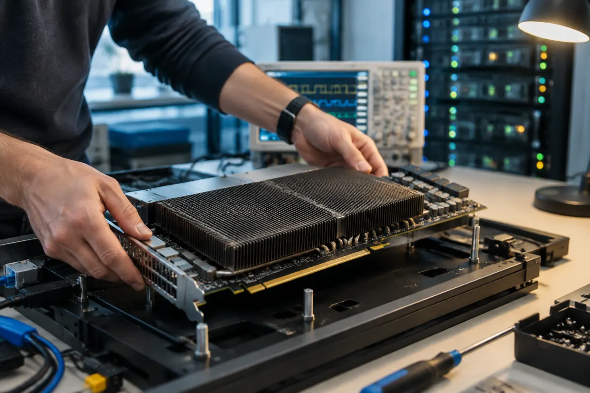 Inżynier w laboratorium elektroniki montuje dużą kartę akceleratora GPU z radiatorem na stanowisku testowym, w tle oscyloskop i szafa serwerowa