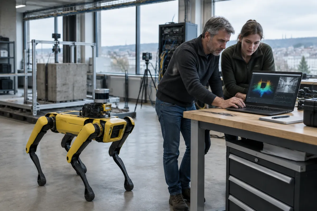 Żółty czworonożny robot inspekcyjny stoi na betonowej posadzce laboratorium, a obok dwoje inżynierów analizuje na laptopie chmurę punktów z jego czujników
