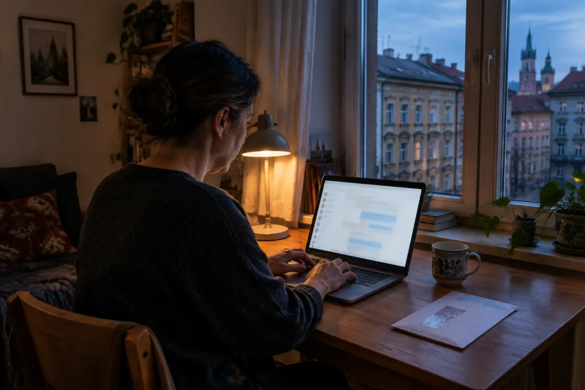 Kobieta pisze wieczorem na laptopie przy biurku w mieszkaniu z widokiem na krakowskie kamienice, obok leży koperta z wynikami badań