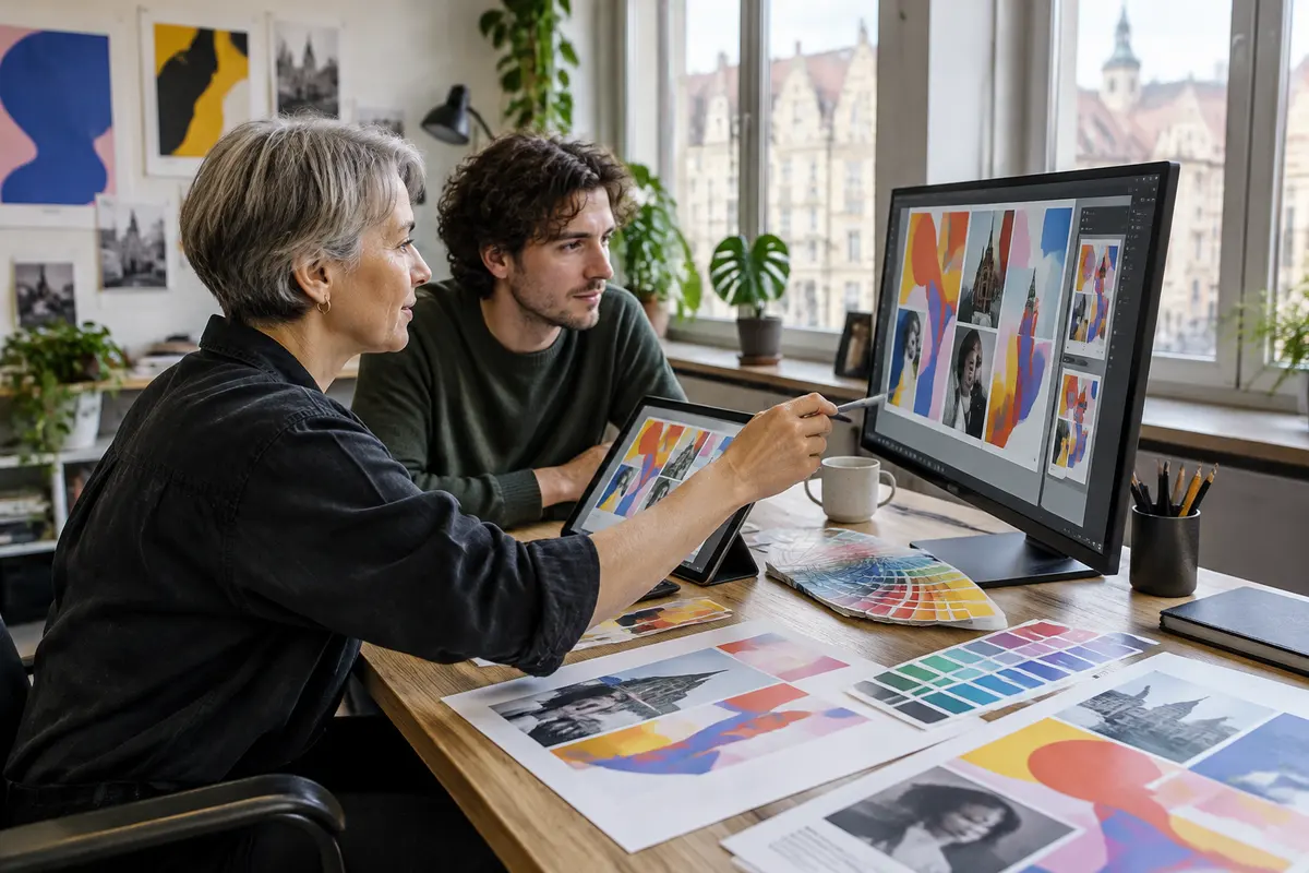 Projektantka z krótkimi siwymi włosami i młodszy kolega omawiają kolorowe projekty plakatów na monitorze i tablecie w jasnym studiu z widokiem na kamienice Wrocławia, na biurku leżą wydruki i wzorniki kolorów