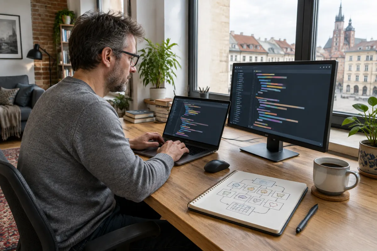 Programista w okularach i szarym swetrze pracuje przy laptopie i monitorze z kolorowym kodem w jasnym mieszkaniu, za oknem widać kamienice i wieże kościoła Mariackiego w Krakowie