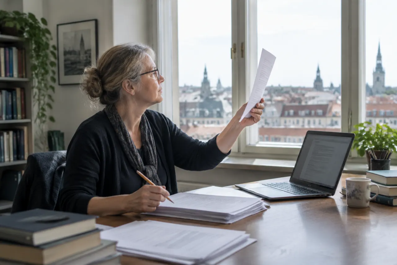 Wykładowczyni w okularach siedzi przy biurku w gabinecie uczelni z widokiem na dachy starego miasta i pod światło okna ogląda kartkę wydrukowanej pracy, obok leży stos prac studentów i otwarty laptop