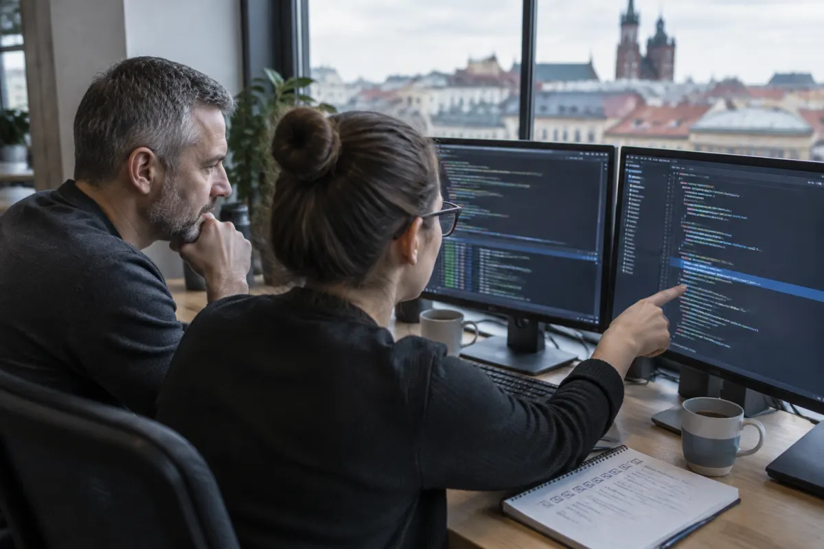 Dwoje programistów, siwiejący mężczyzna z brodą i kobieta w okularach, analizuje kod na dwóch monitorach w biurze z widokiem na dachy krakowskiego Starego Miasta, obok leży notes z listą kontrolną