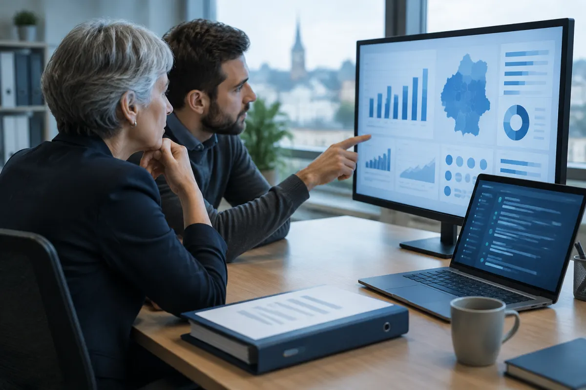 Analityczka z siwymi włosami i brodaty analityk w biurze z widokiem na europejskie miasto oglądają na monitorze pulpit ze zbiorczymi statystykami regionu, obok laptop z dziennikiem działań agenta AI i segregator z zasadami dostępu