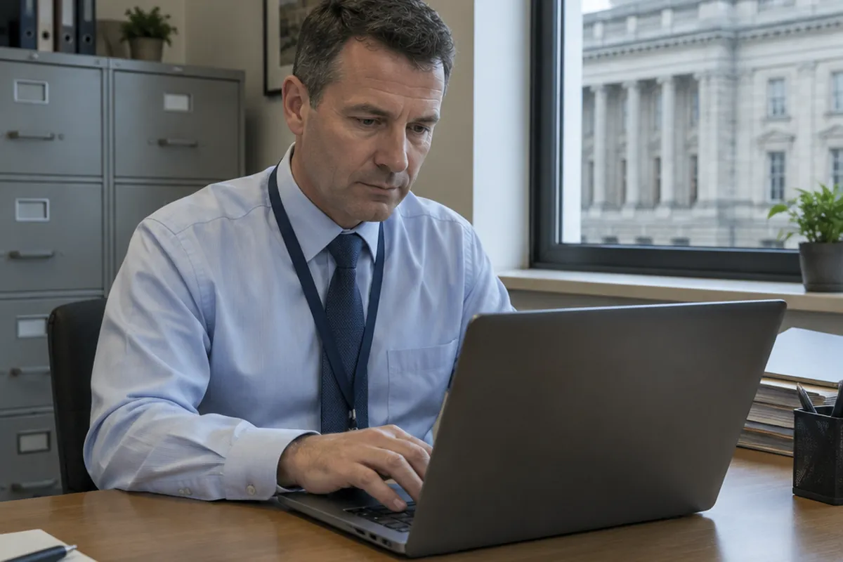 Urzędnik w koszuli i krawacie pracuje na laptopie w biurze z szafkami na dokumenty, za oknem widać zabytkowy gmach publiczny