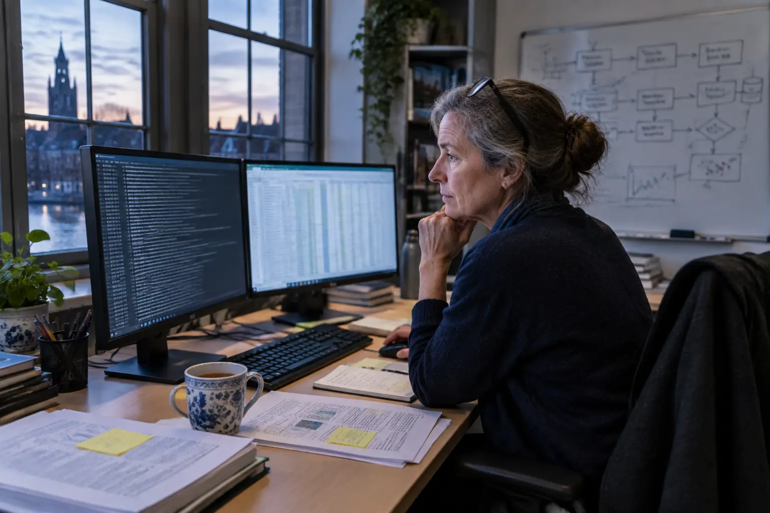 Badaczka w średnim wieku analizuje logi i arkusz na dwóch monitorach w pracowni uniwersyteckiej, za oknem wieczorne miasto