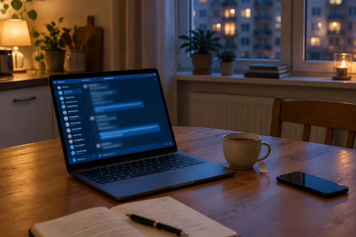 Otwarty laptop z rozmytym oknem czatu na drewnianym stole w mieszkaniu wieczorem, obok notes z długopisem, kubek herbaty i telefon, za oknem światła bloku
