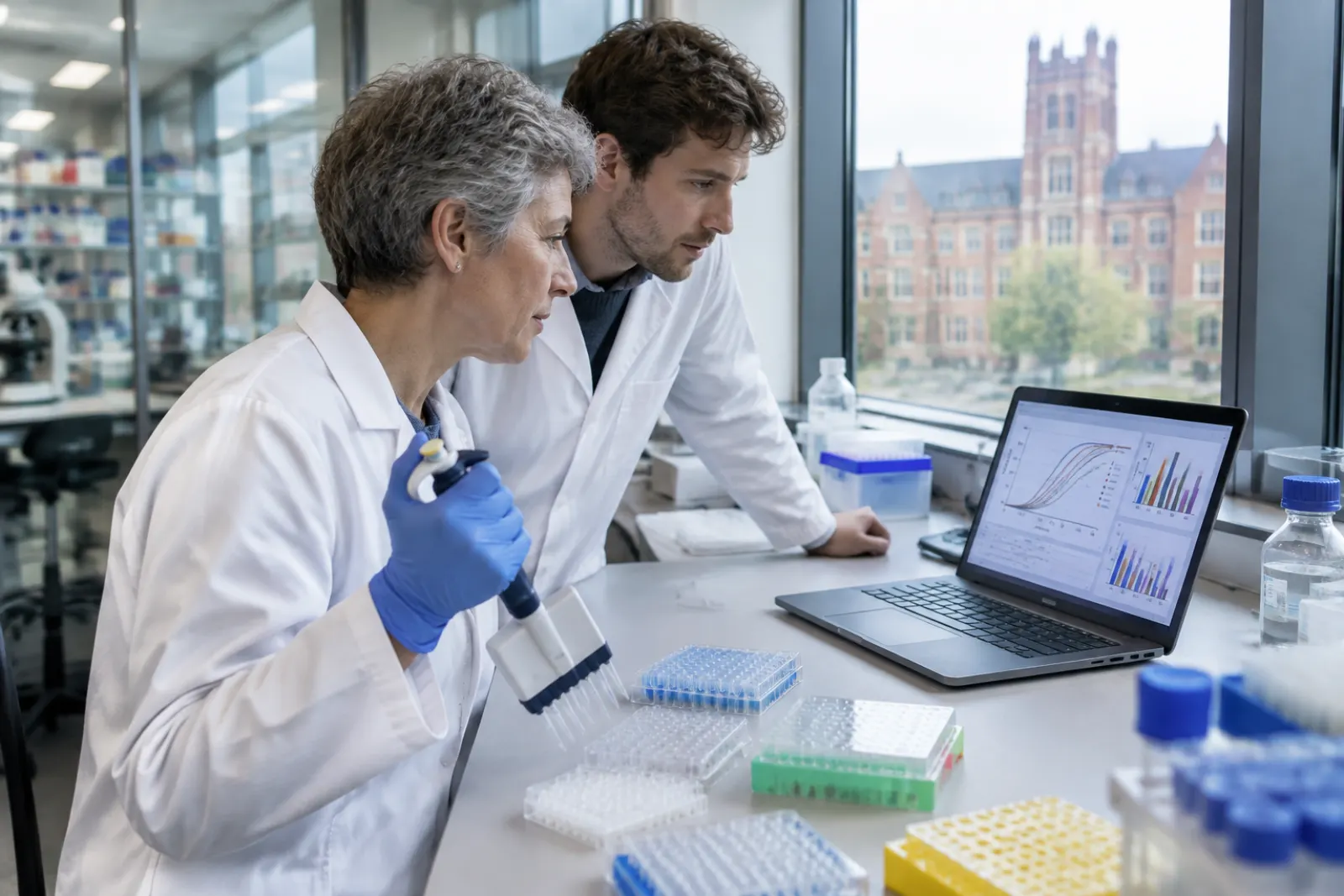 Siwowłosa badaczka z pipetą wielokanałową i młodszy naukowiec w fartuchu oglądają na laptopie wykresy wiązania białek, obok płytki laboratoryjne, za oknem ceglany gmach uczelni