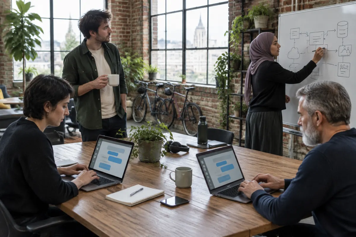 Czteroosobowy zespół startupu pracuje w ceglanym loftowym biurze - dwie osoby przy laptopach z oknem czatu, mężczyzna z kubkiem kawy, kobieta w chuście rysuje schemat systemu na tablicy
