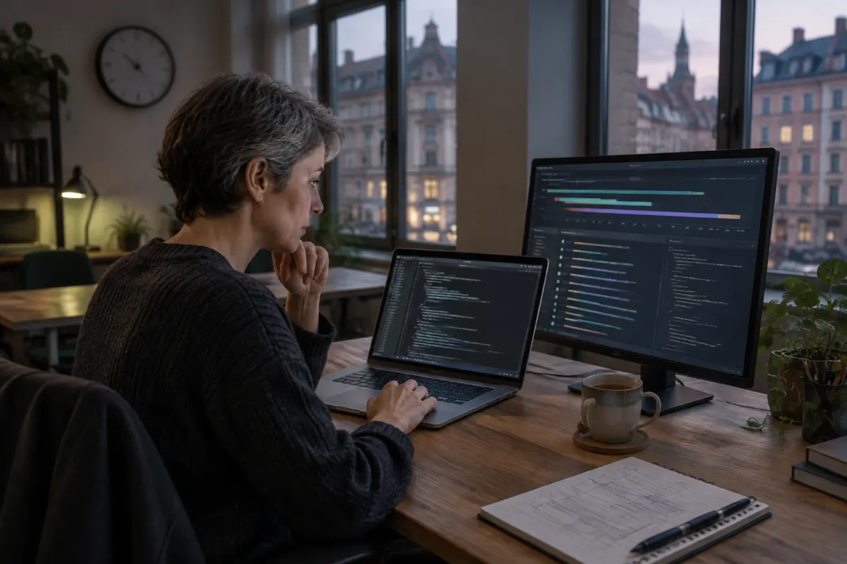 Programistka z krótkimi siwiejącymi włosami siedzi wieczorem przy drewnianym biurku w coworkingu, patrzy na monitor z długą osią postępu zadań i kodem, a za oknem widać oświetlone kamienice starego miasta