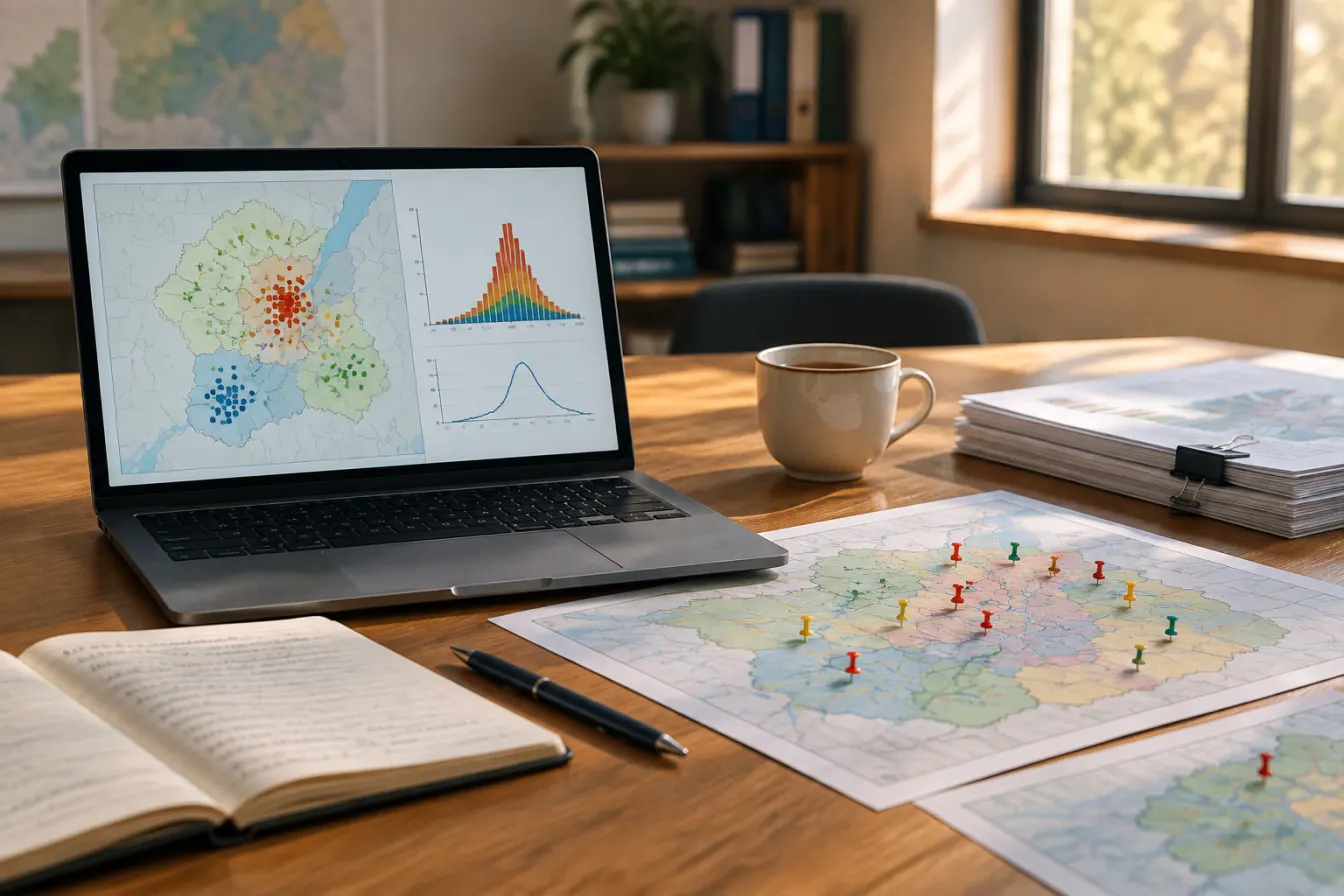 Laptop z mapą ognisk zachorowań i krzywą epidemiczną na drewnianym stole, obok wydrukowane mapy z pinezkami, notes i kubek herbaty