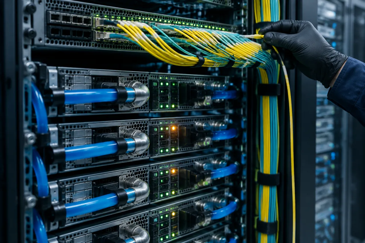 Dłoń technika w czarnej rękawicy trzyma światłowód przy przełączniku sieciowym, poniżej serwery GPU chłodzone cieczą z niebieskimi przewodami, a wśród zielonych diod świecą dwie pomarańczowe