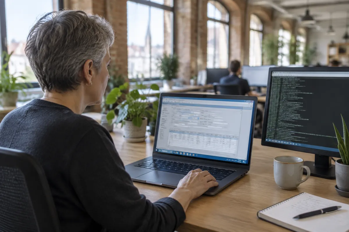 Programistka z krótkimi siwymi włosami siedzi przy biurku w biurze z ceglanymi ścianami i patrzy na laptopa z oknem programu do formularzy, obok stoi monitor z otwartym terminalem