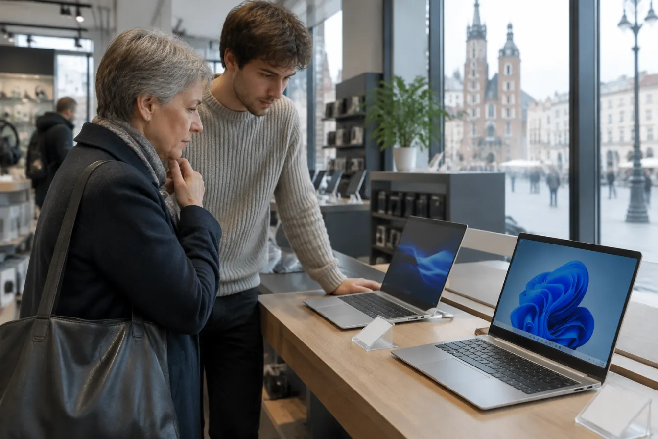 Starsza kobieta i młody mężczyzna porównują dwa srebrne laptopy w sklepie z elektroniką, za oknem widać Rynek Główny w Krakowie