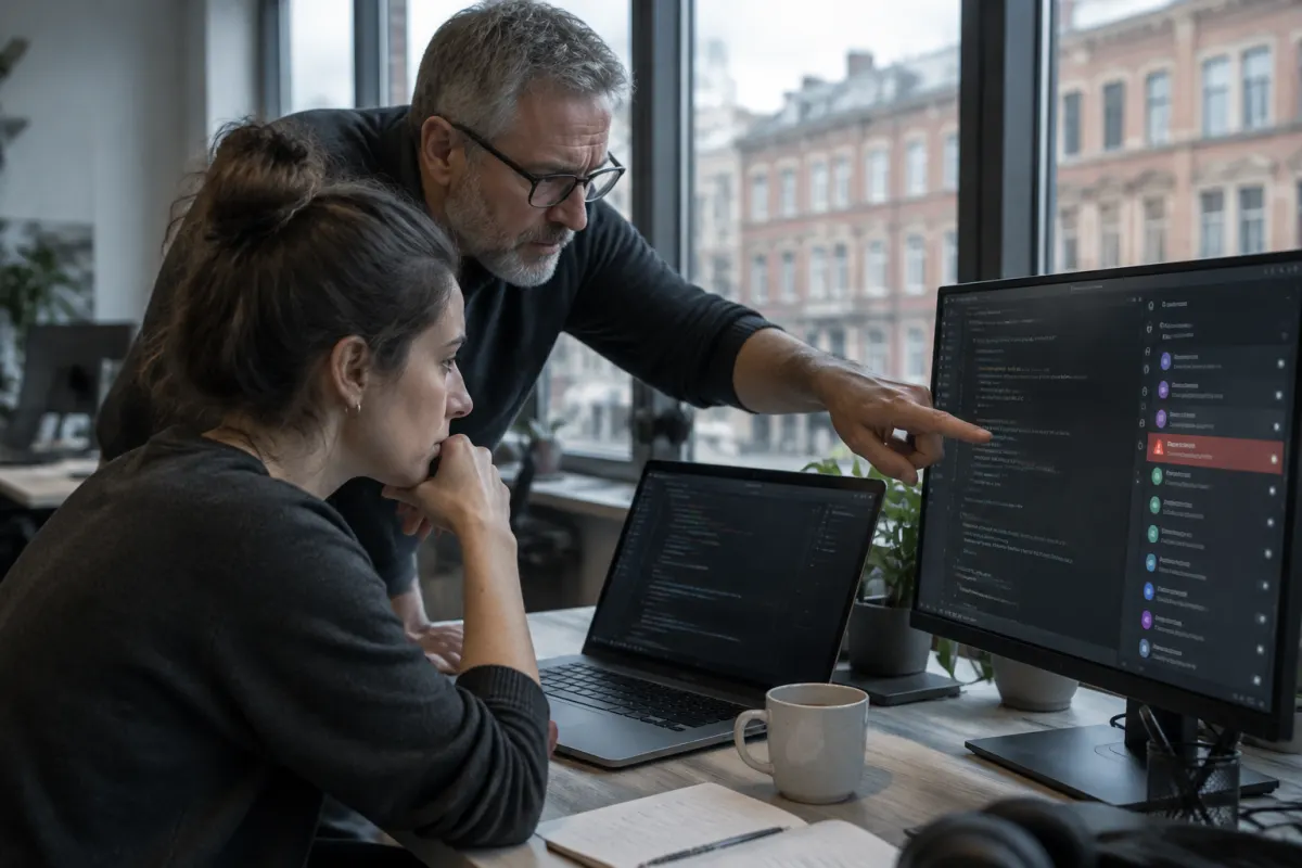 Programistka w ciemnym swetrze patrzy z niepokojem na monitor z edytorem kodu, a starszy kolega w okularach wskazuje palcem pozycję na liście rozszerzeń oznaczoną na czerwono, za oknem biura widać ceglane kamienice
