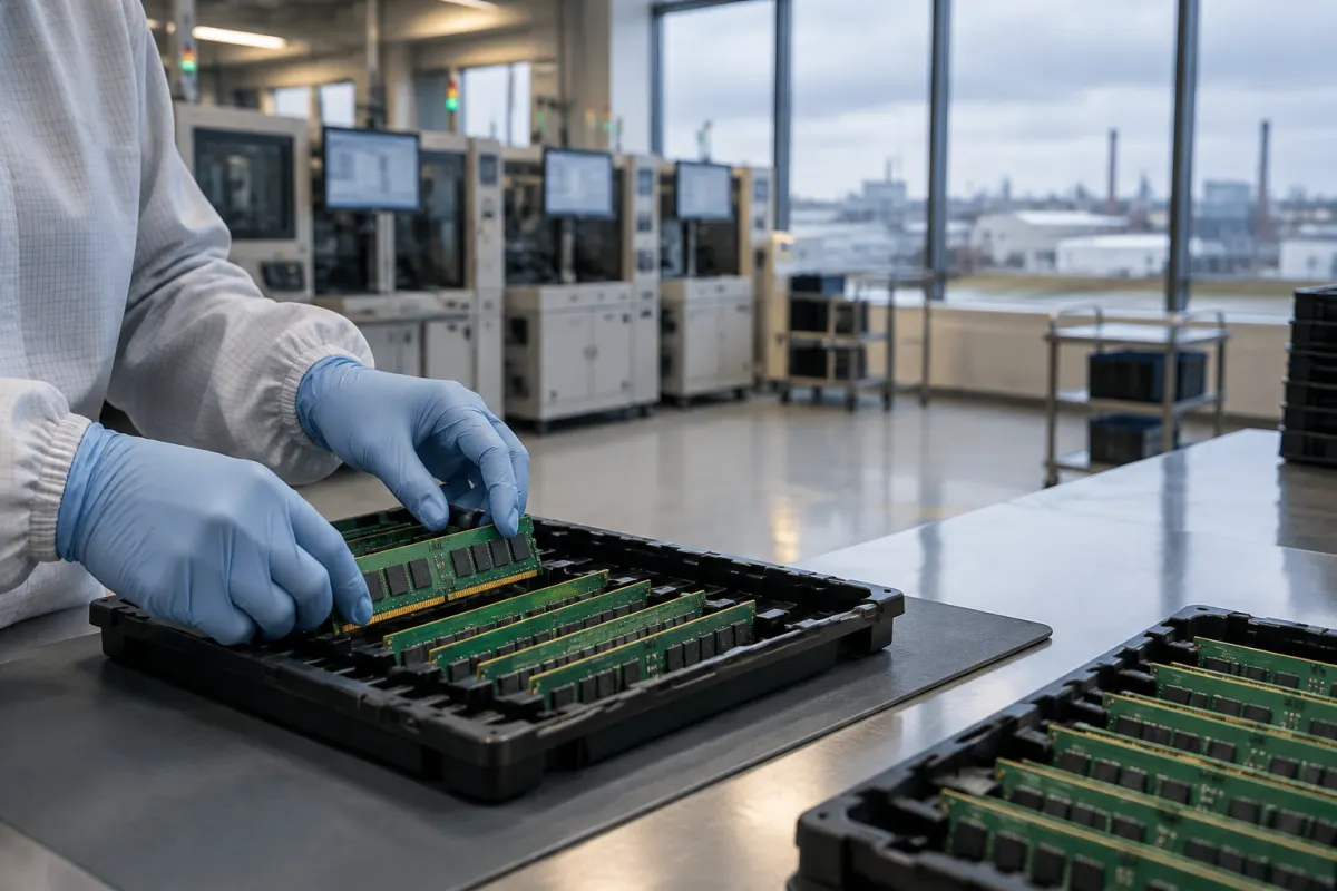 Technik w rękawicach ochronnych układa przetestowane moduły pamięci RAM w antystatycznej tacce w hali testów półprzewodników, za oknem widać dzielnicę przemysłową
