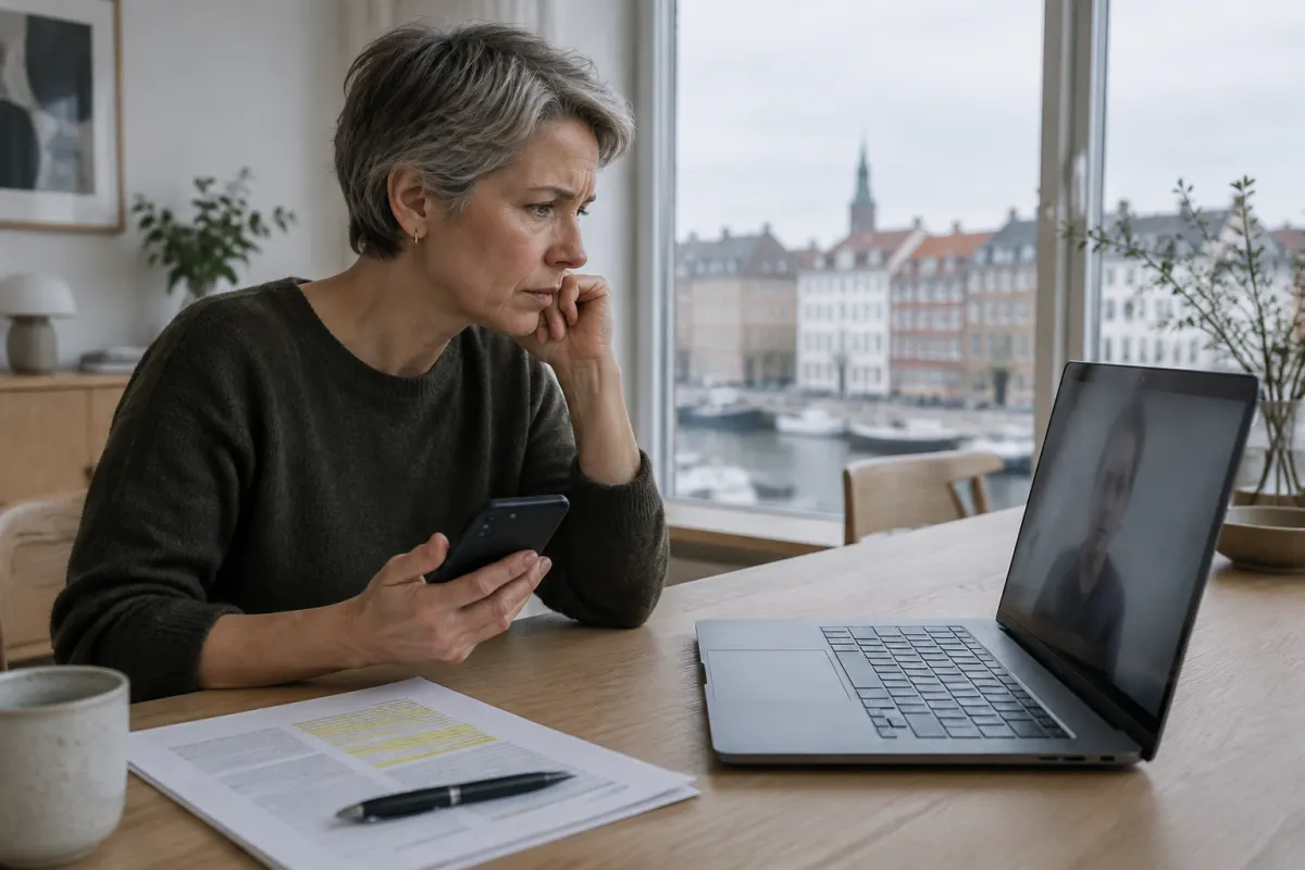 Kobieta z krótkimi siwiejącymi włosami siedzi przy dębowym stole w jasnym mieszkaniu, trzyma smartfon i z niepokojem patrzy na laptop z rozmytą twarzą na ekranie, obok leży wydruk z zakreślonymi akapitami, a za oknem widać kamienice i łodzie w kanale