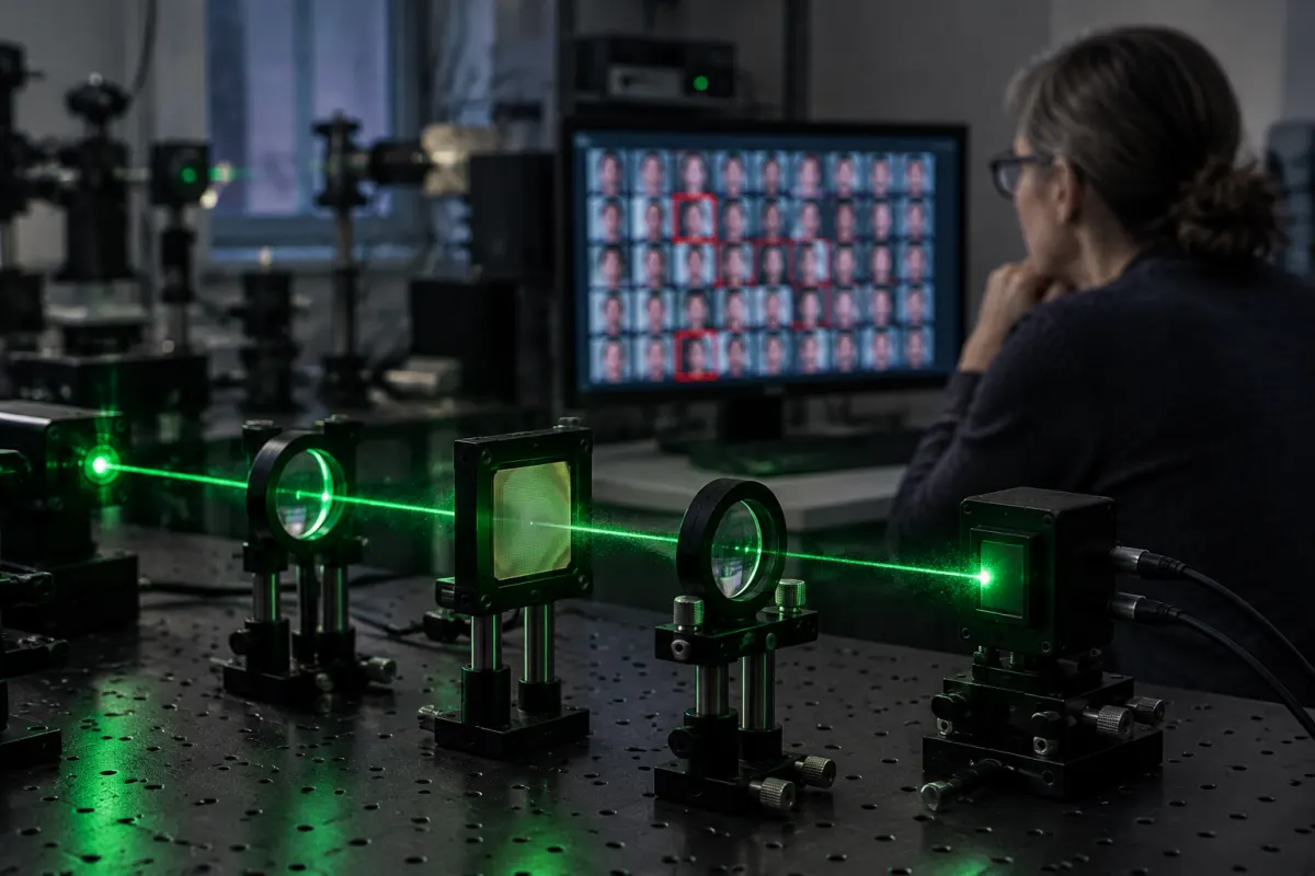 Stół optyczny w laboratorium z zieloną wiązką lasera przechodzącą przez soczewki i modulator światła, w tle badaczka patrzy na monitor z siatką miniatur twarzy