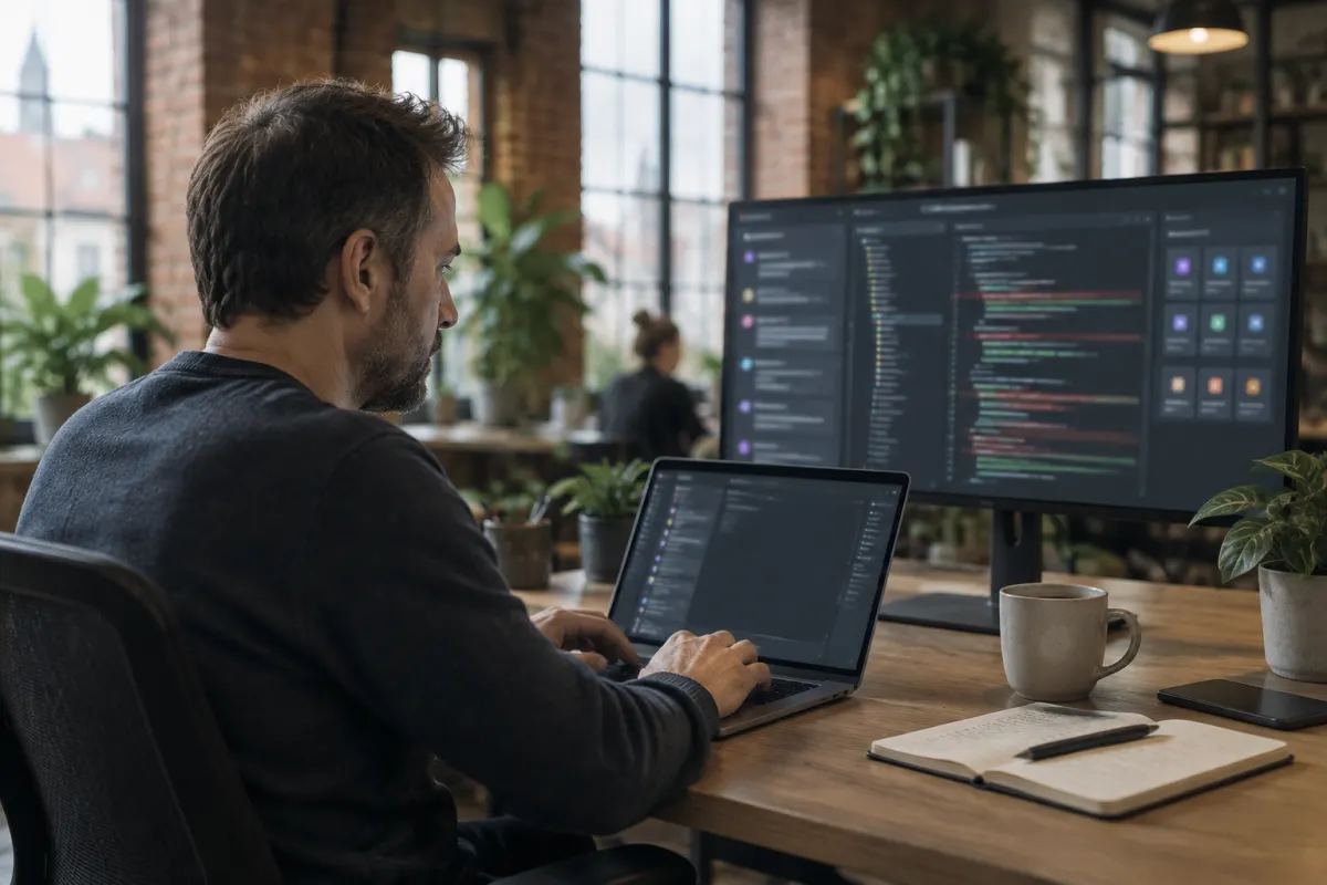 Programista w coworkingu z ceglanymi ścianami pracuje przy laptopie, a na dużym monitorze obok widać okno agenta AI z listą plików, zmianami w kodzie i kafelkami wtyczek