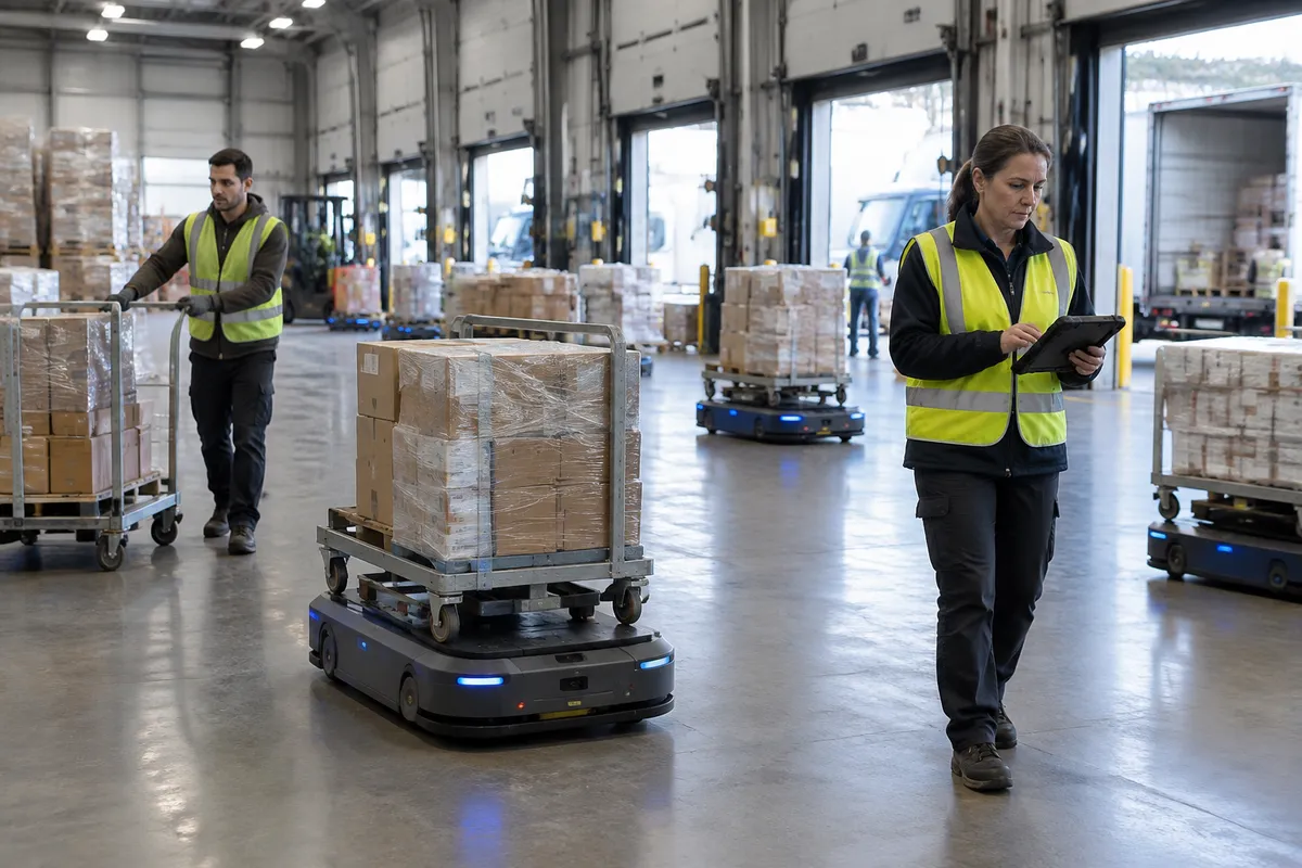 Kierowniczka zmiany w odblaskowej kamizelce sprawdza tablet, a autonomiczne roboty przewożą wózki z paletami przez halę przeładunkową, obok pracownik pcha wózek z kartonami