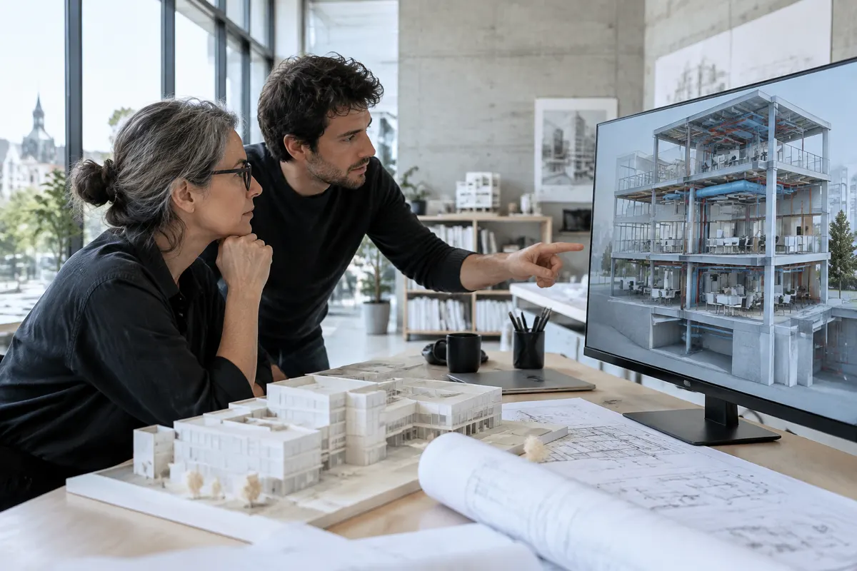 Dwoje architektów w jasnej pracowni z betonowymi ścianami ogląda na monitorze przekrój biurowca z widocznymi rurami i kanałami wentylacyjnymi, na biurku leży biała makieta budynku i rozwinięte plany