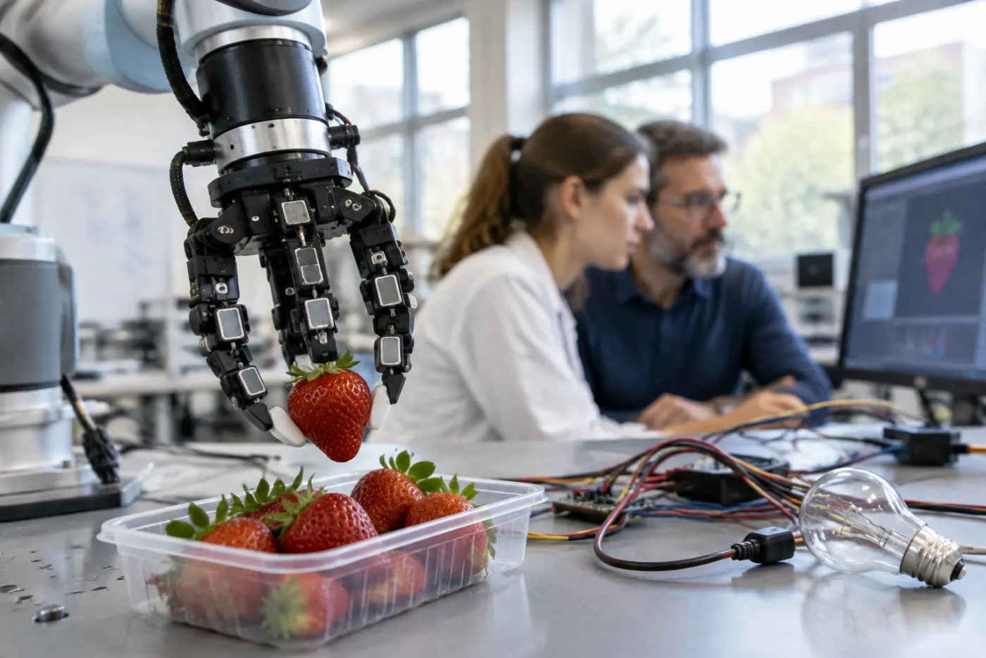 Wielopalczasty chwytak robota z czujnikami nacisku delikatnie podnosi truskawkę z plastikowego pojemnika w laboratorium uczelni, w tle badaczka i badacz patrzą na monitor