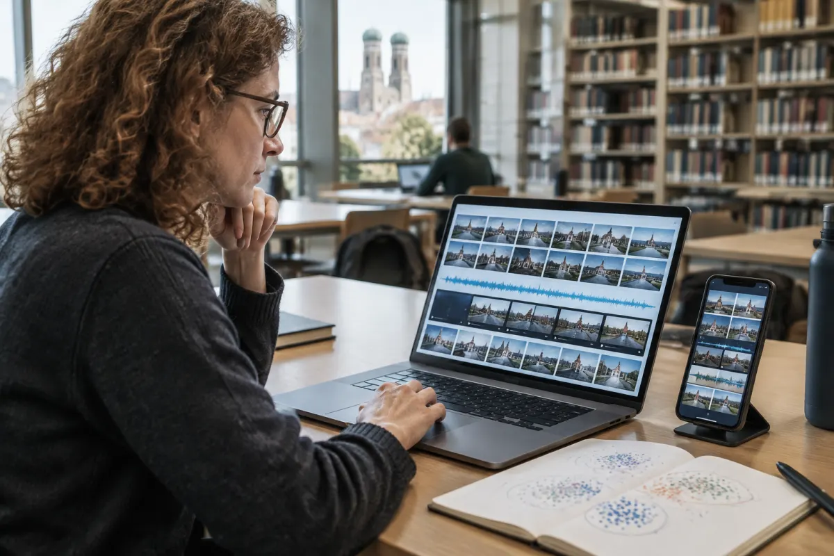 Programistka w okularach siedzi w bibliotece uniwersyteckiej i porównuje na laptopie oraz smartfonie siatkę miniatur zdjęć, wykres fali dźwiękowej i klatki wideo, w tle widać wieże kościoła za oknem