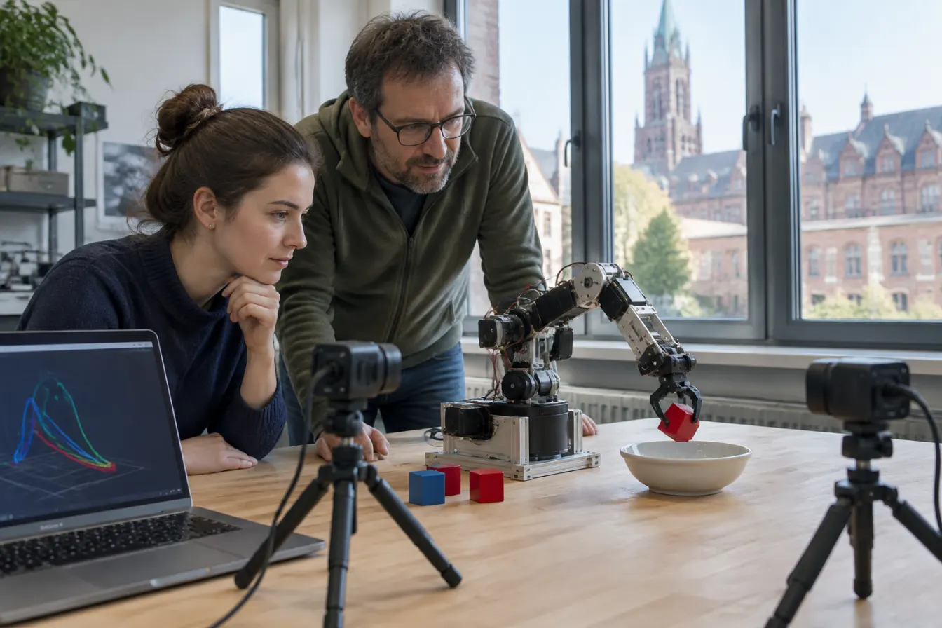 Badaczka i inżynier w uczelnianym laboratorium obserwują małe ramię robota, które odkłada czerwoną kostkę do miski, obok stoją dwie kamery i laptop z wykresem ruchu