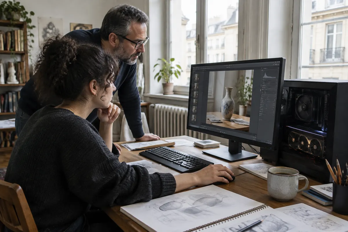 Młoda graficzka z kręconymi włosami i mężczyzna w okularach oglądają na monitorze edytowane zdjęcie porcelanowego wazonu, obok stoi komputer z widoczną kartą graficzną, za oknem kamienice