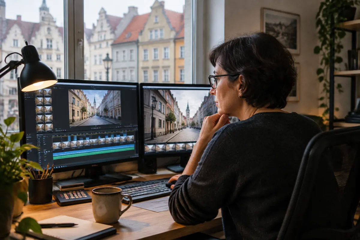 Montażystka wideo w średnim wieku przegląda na dwóch monitorach krótkie klipy z ulicy starego miasta w małym studiu z oknem wychodzącym na kamienice