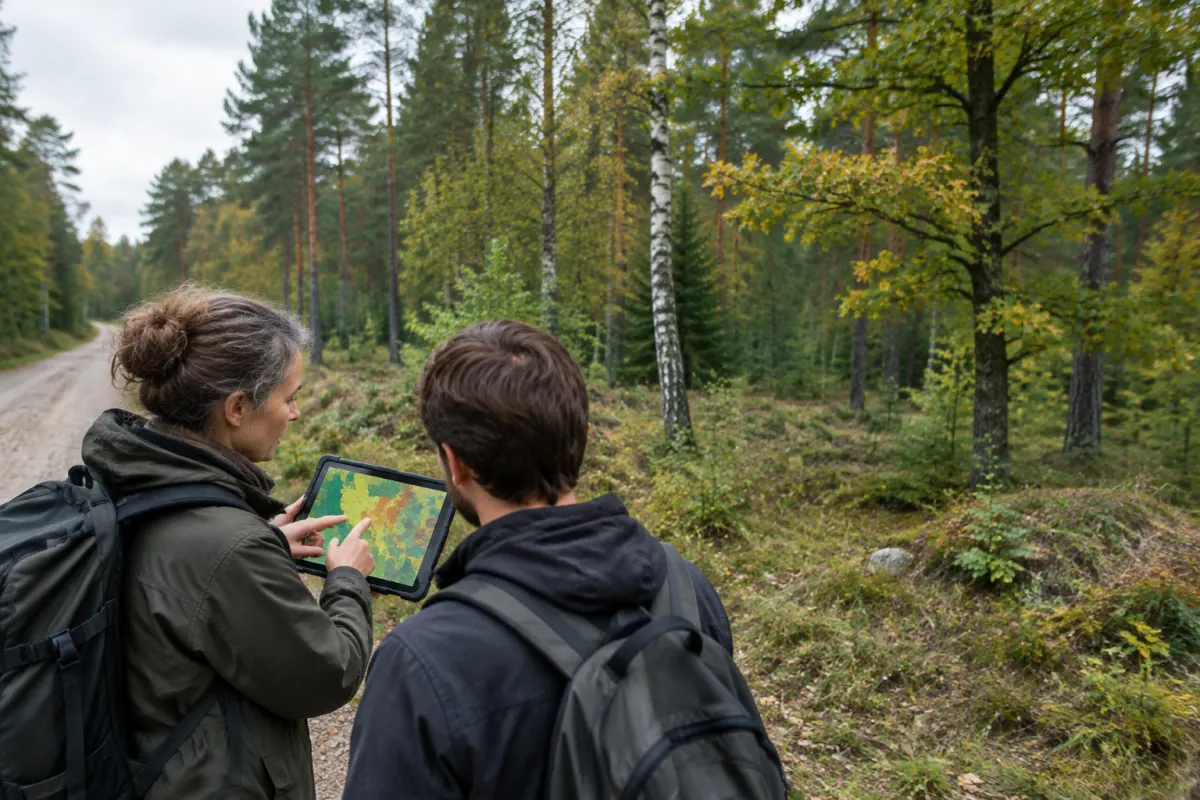 Dwoje badaczy na leśnej drodze w mieszanym lesie jesienią ogląda na tablecie kolorową mapę pokrycia terenu i porównuje ją z drzewostanem